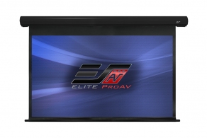 Elite Screens 100" (16:9) 222 x 125 cm, Electric Projection Screen, Saker Series, Premium, TopDrop 60cm, Black, MaxWhite™ Fibreglass, Extra top black masking border for high ceiling installations, Flush hidden wall mounts thumbnav 1