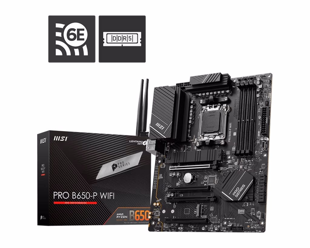 MSI PRO B650-P WIFI, Socket AM5, 15Phases, AMD B650, Dual 4xDDR5-6400, APU AMD graphics, 1xHDMI, 1xDP, 4xPCIe4.0 X16, 6xSATA3, RAID, 2xM.2PCIe 4.0, 1xPCIeX1, ALC897 HDA, 1x2.5GbE LAN, WiFi6E/BT, 1xUSB-C 3.2Gen2x2, 4xUSB 3.2 Gen2(3A+1C), 6xUSB3.2, Mystic L 
