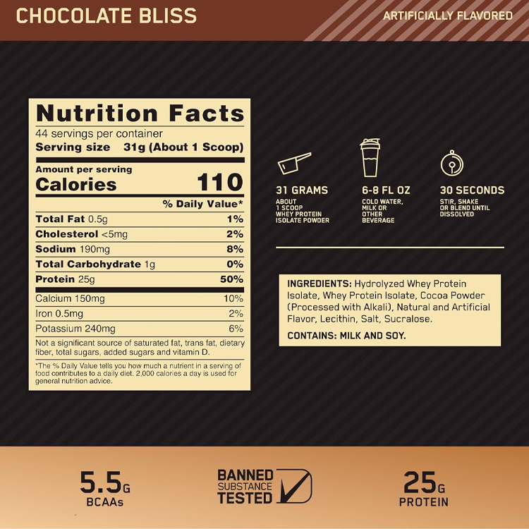 Изолят протеина Optimum Nutrition Gold Standard 100% Isolate, Chocolate Bliss 3lb/1.36кг photo 2