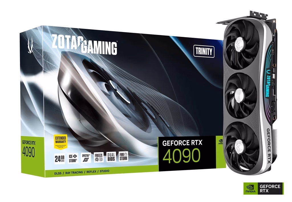ZOTAC GeForce RTX 4090 Trinity 24GB GDDR6X, 384bit, 2520/21000Mhz, Ada Lovelace/DLSS3, PCIeX16 4.0, 1xHDMI, 3xDP, AIR Optimized Design, Triple Fan / IceStorm 3.0, Active Fan Control/FREEZE Fan Stop/Dual Bios, SPECTRA 2.0 ARGB Lightning, Metal Backplate, 1
