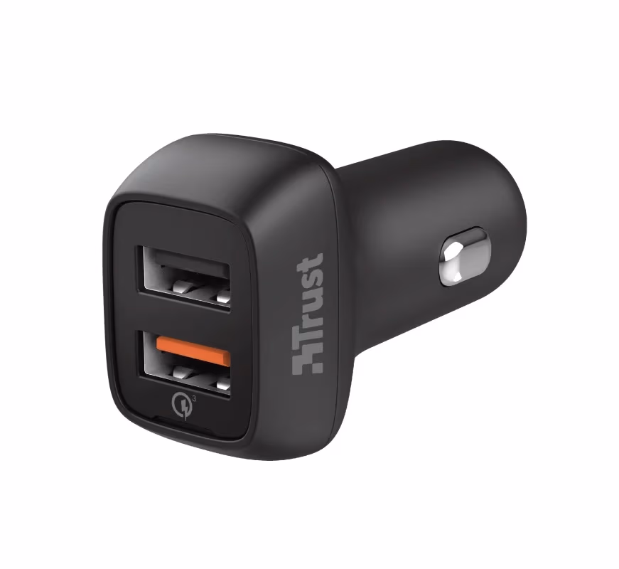 USB Car Charger - Trust Qmax 30W Ultra-Fast Dual USB Car Charger with QC3.0, Fast-charge with up to 12W power or ultra-fast charge with 18W power and QuickCharge 3.0, Total output power (max): A, W 30