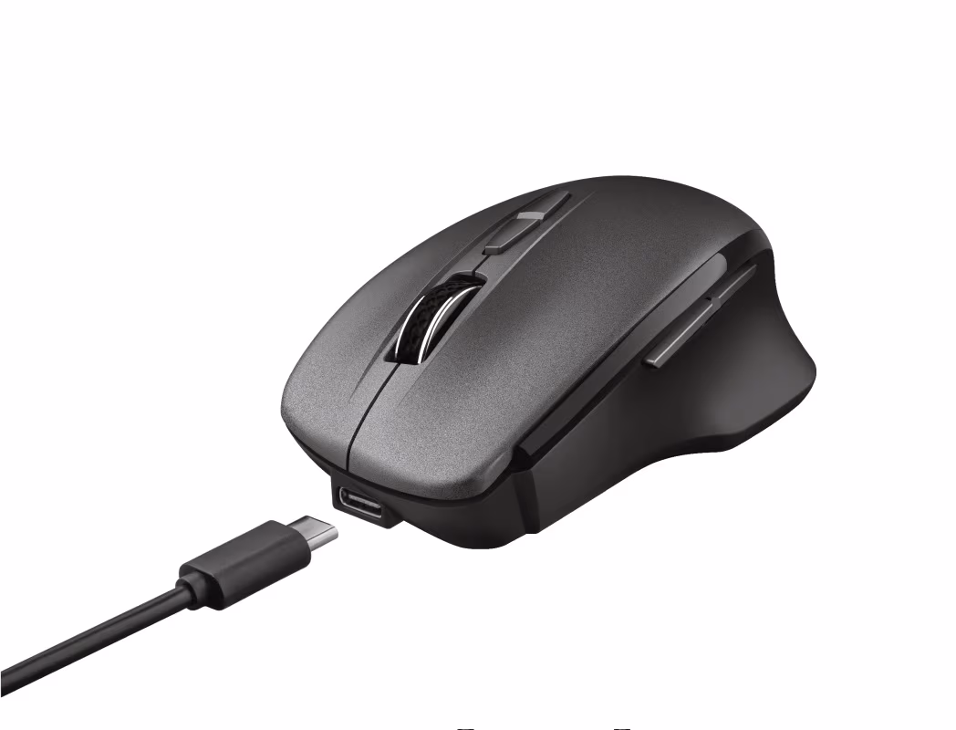 Trust Themo Rechargeable Wireless Mouse, 2.4GHz, Micro receiver, 800/1600/2400 dpi, 7 button, rechargeable battery up to 40 days, USB, Black