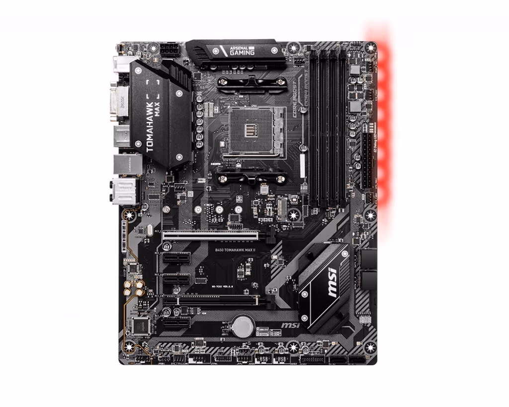 MSI B450 TOMAHAWK MAX II, Socket AM4, AMD B450, Dual 4xDDR4-4133, APU AMD graphics, DVI, HDMI, 2xPCIe X16, 6xSATA3, RAID, 1xM.2 slot, 3xPCIe X1, ALC892 7.1ch HDA, GbE LAN, 2xUSB3.2Gen 2(Type-C & Type-A), 4xUSB3.2, RGB Mystic Light, ATX 