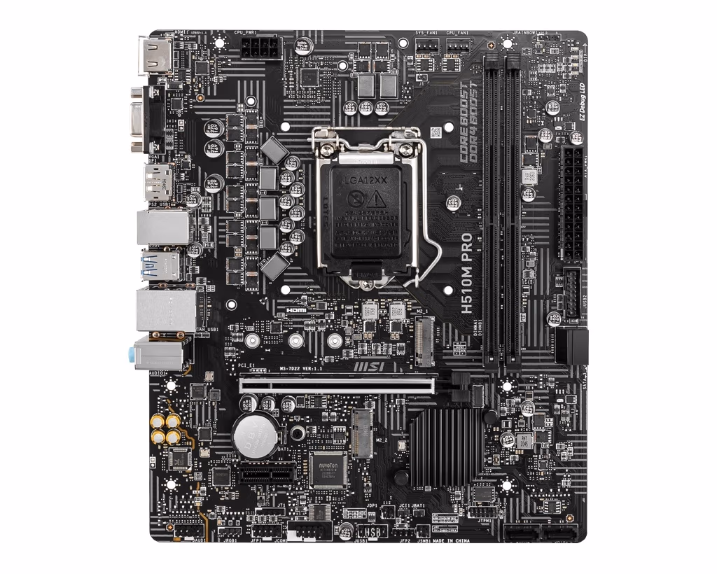 MSI H510M PRO, Socket 1200, Intel® H510 (11/10th Gen CPU), Dual 2xDDR4-3200, CPU Intel graphics, VGA, HDMI, DP, 1xPCIe X16 4.0, 4xSATA3, 1xM.2 4.0,1xM.2 E-key(for Wi-Fi), 1xPCIe X1, ALC892 HDA, GbE LAN, 4xUSB3.2, RGB Led, mATX 