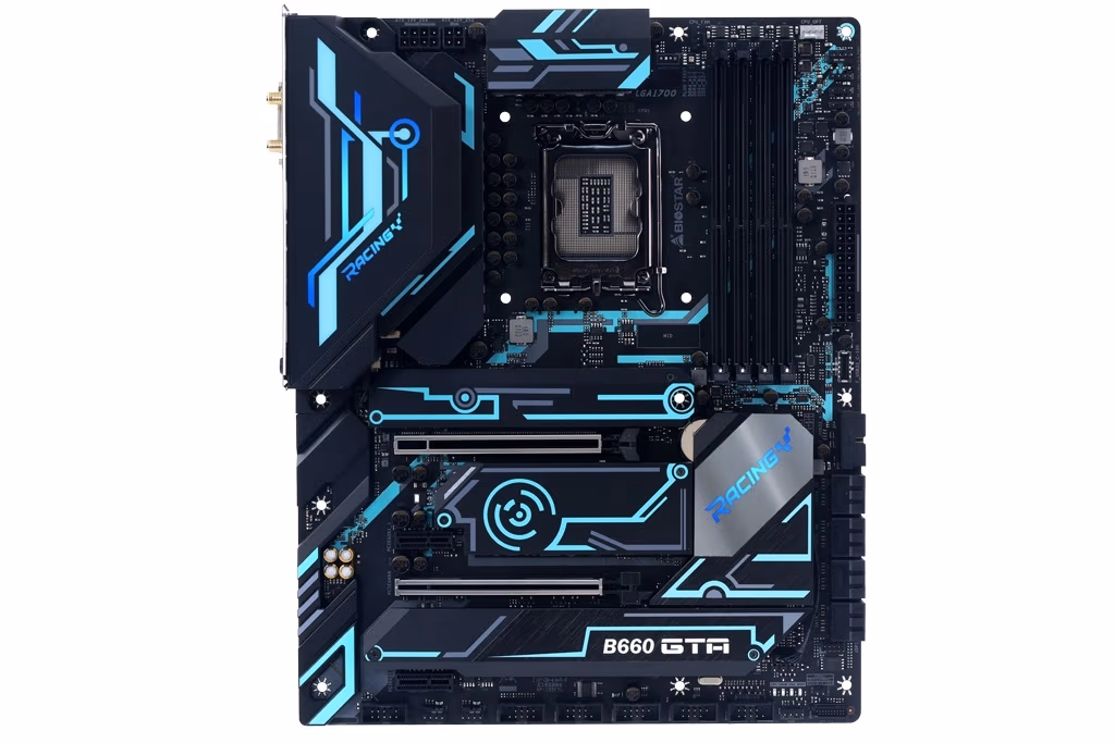 BIOSTAR Racing B660GTA, Socket 1700, Intel® B660 (12th Gen CPU), CPU graphics, DVI, HDMI, DP, Dual 4xDDR4-5000+, 2xPCIe X16 5.0, 8xSATA3, RAID, 3xM.2 4.0, 1xM.2 E-key for Wi-Fi, 2xPCIe X1, ALC1220 HDA, 2.5GbE LAN, 2xUSB-C 3.2Gen2, 5xUSB3.2Gen2, 2xUSB3.2, 