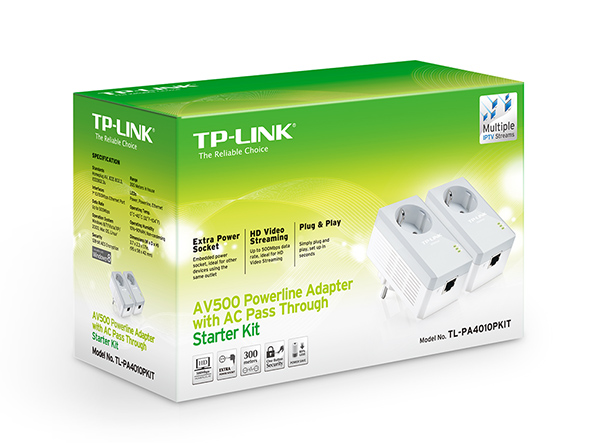 TP-LINK  TL-PA4010P Kit, AV500 Powerline Adapter Starter Kit with AC Passthrough, Compact Size, 500Mbps Powerline Datarate, 1 Lan Port, Power Socket, HomePlug AV, Green Powerline,  Plug and Play, Pair Button, Range 300 meters in house photo 2