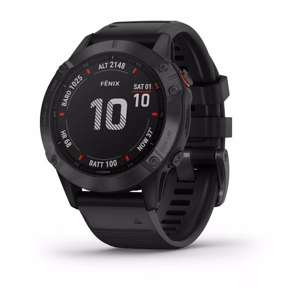 Garmin fenix 6 Pro Sapphire Carbon Gray DLC with Black Band, Multisport GPS Watch for Sport, 1.3", Water rating 10ATM, 32GB, GPS, Compass, Bluetooth, Smart, ANT+, Wifi, Smart notifications and Activity Tracking Features, Battery up to 80 days, 72g 