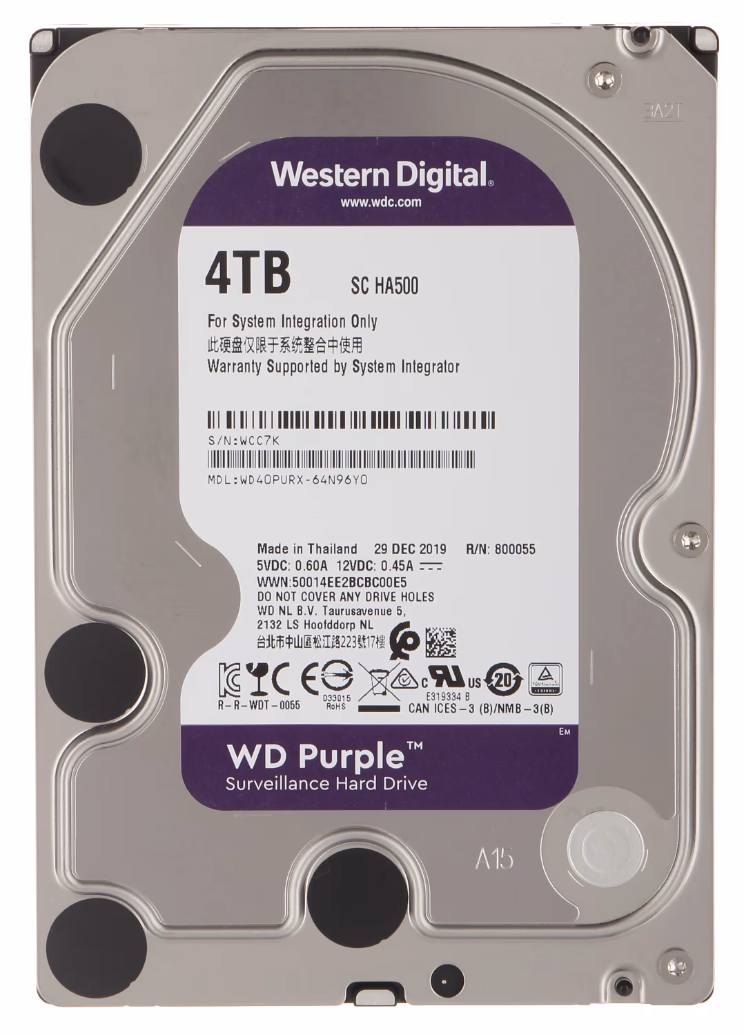 3.5” HDD Western Digital Caviar Purple WD40PURX-FR / 4TB / IntelliPower / 64MB 