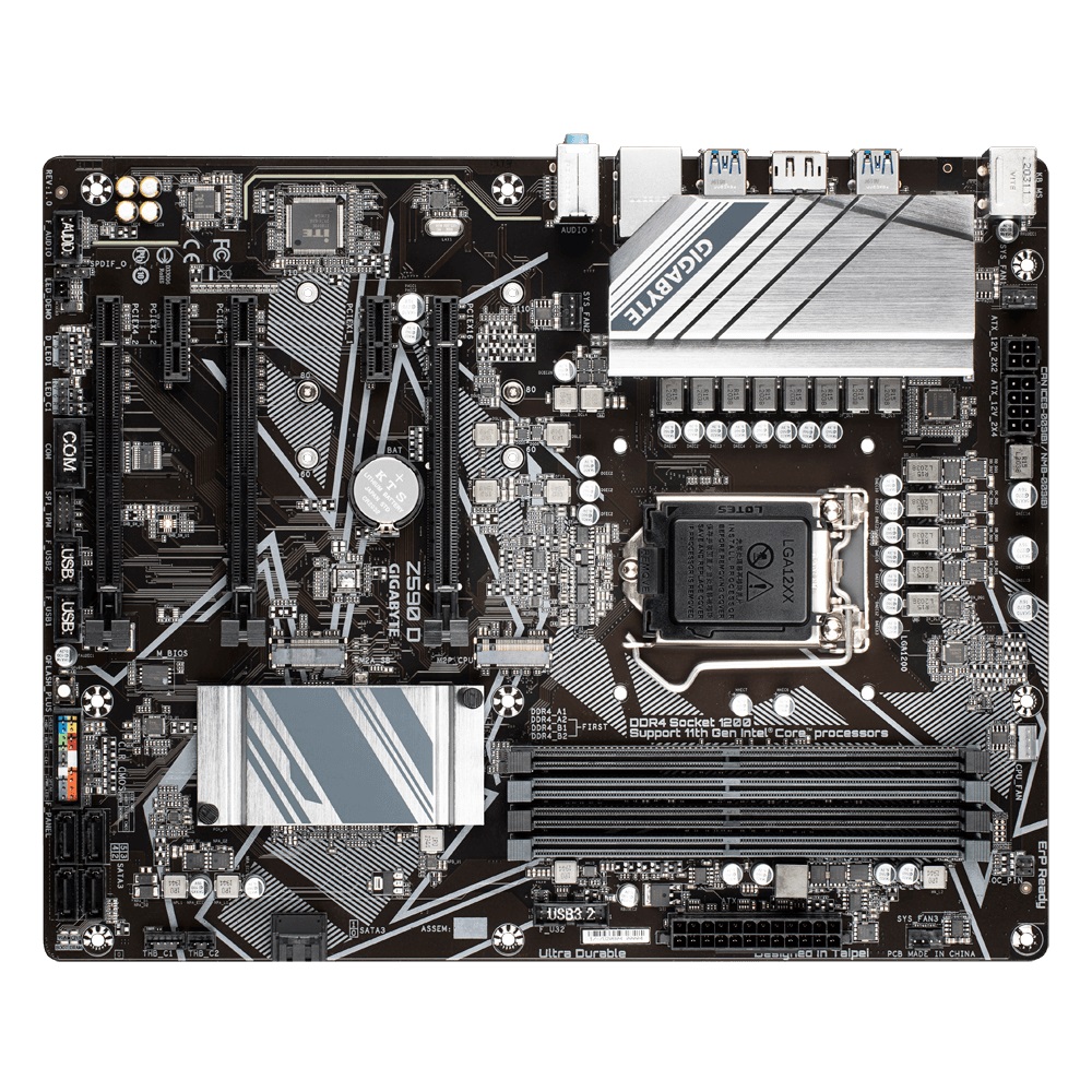 GIGABYTE Z590 D, Socket 1200, Intel® Z590 (11th/10th Gen CPU), CPU graphics, 12+1 Phases, DP, Dual 4xDDR4-5333, 3xPCIe X16 4.0, 5xSATA3, RAID, 2xM.2 4.0, 2xPCIe X1, ALC1200, 1GbE LAN, 8xUSB3.2, RGB Fusion 2.0, ATX photo 1
