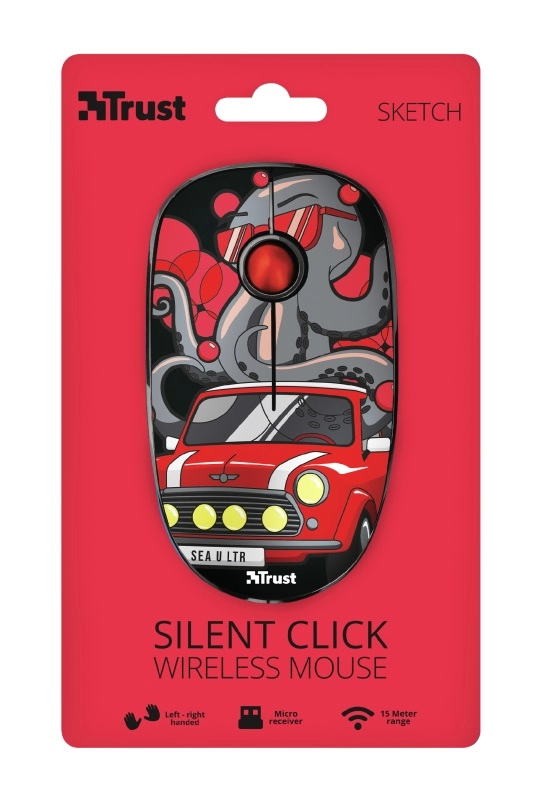 Trust Sketch Red Wireless Mouse, Silent Click, 15m  2.4GHz, Micro receiver, 1600 dpi, 3 button, USB