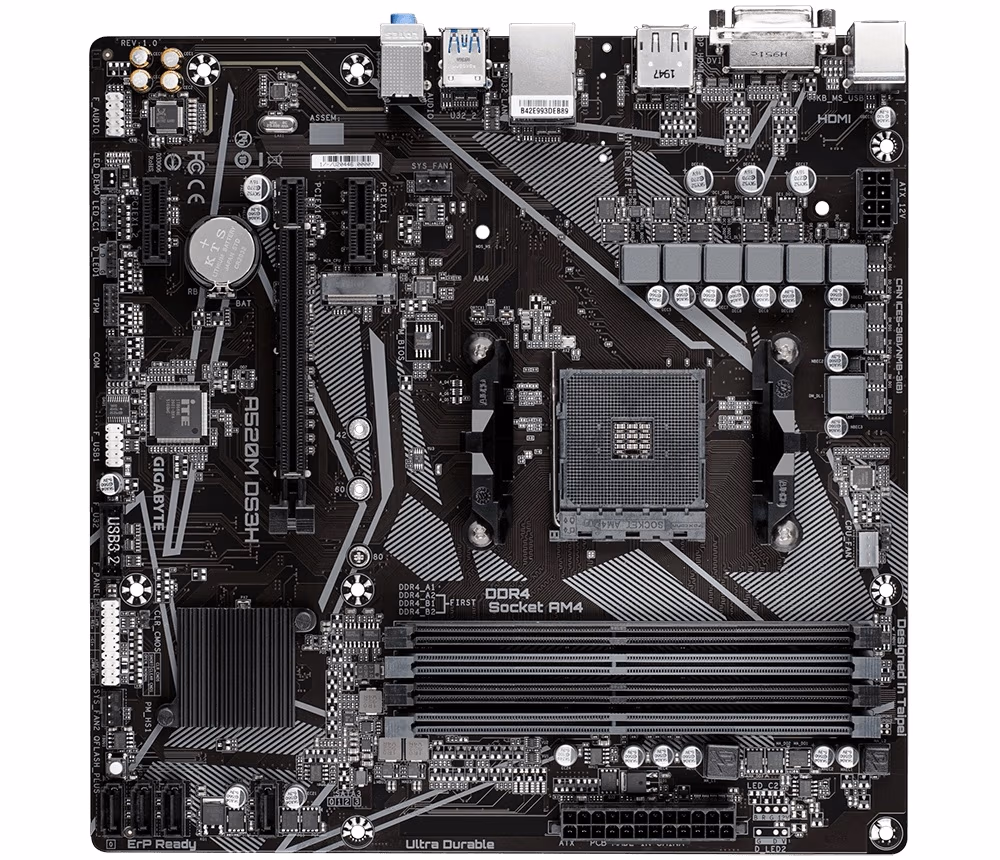 GIGABYTE GA-A520M-DS3H, Socket AM4, AMD A520, Dual 4xDDR4-4733, APU AMD graphics, DVI, HDMI, DP, 1xPCIe X16, 4xSATA3, RAID, 1xM.2, 2xPCIe X1, ALC887 HDA, GbE LAN, 6xUSB3.2, RGB Fusion 2.0, mATX 