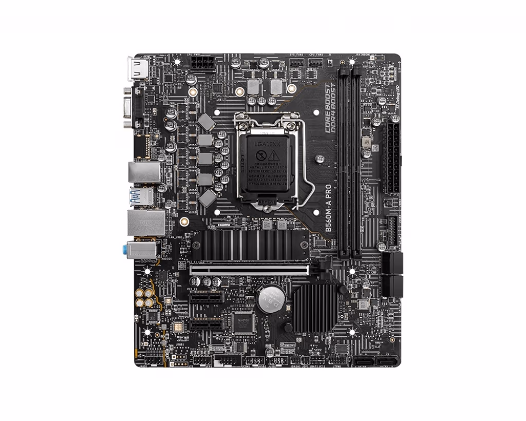 MSI B560M-A PRO, Socket 1200, Intel® B560 (11/10th Gen CPU), Dual 2xDDR4-5200, CPU Intel graphics, VGA, HDMI, 1xPCIe X16 4.0, 6xSATA3, 1xM.2 4.0, 2xPCIeX1, ALC897 HDA, 1x2.5GbE LAN, 6xUSB3.2, mATX 