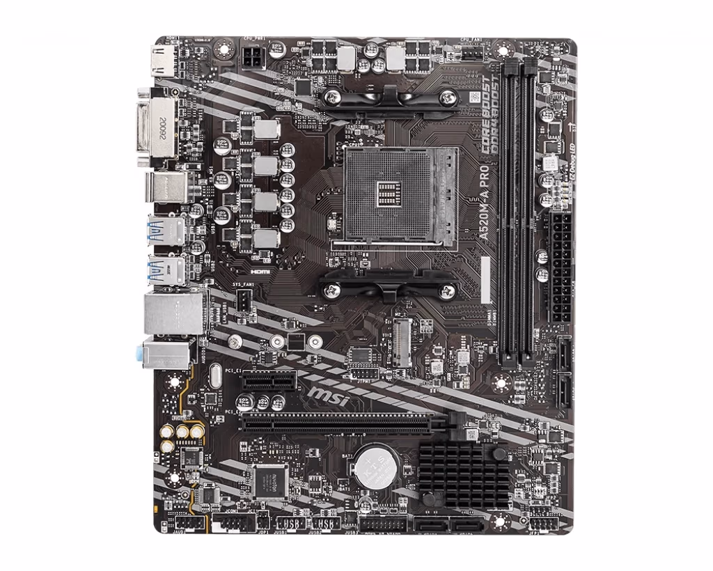 MSI A520M-A PRO, Socket AM4, AMD A520, Dual 2xDDR4-4600, APU AMD graphics, DVI, HDMI, 1xPCIe X16, 4xSATA3, RAID, 1xM.2 Slot, 1xPCIe X1, ALC892 HDA, GbE LAN, 6xUSB3.2, mATX