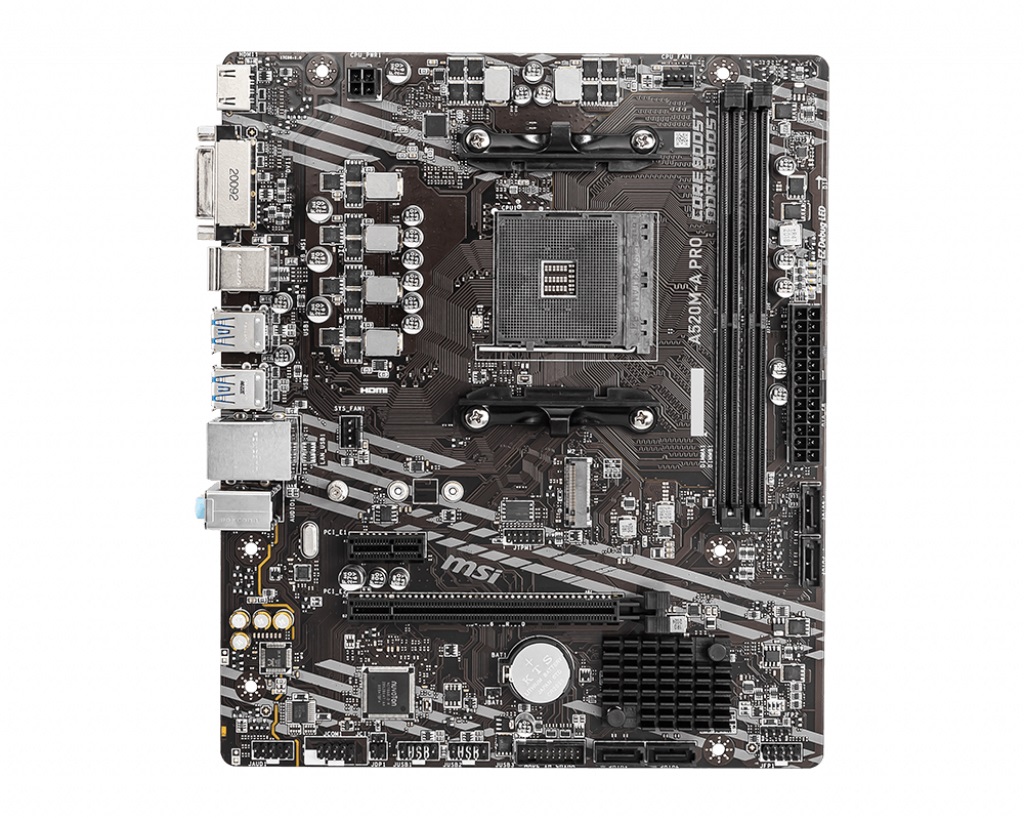MSI A520M-A PRO, Socket AM4, AMD A520, Dual 2xDDR4-4600, APU AMD graphics, DVI, HDMI, 1xPCIe X16, 4xSATA3, RAID, 1xM.2 Slot, 1xPCIe X1, ALC892 HDA, GbE LAN, 6xUSB3.2, mATX photo 1
