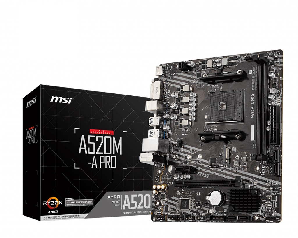 MSI A520M-A PRO, Socket AM4, AMD A520, Dual 2xDDR4-4600, APU AMD graphics, DVI, HDMI, 1xPCIe X16, 4xSATA3, RAID, 1xM.2 Slot, 1xPCIe X1, ALC892 HDA, GbE LAN, 6xUSB3.2, mATX photo 4