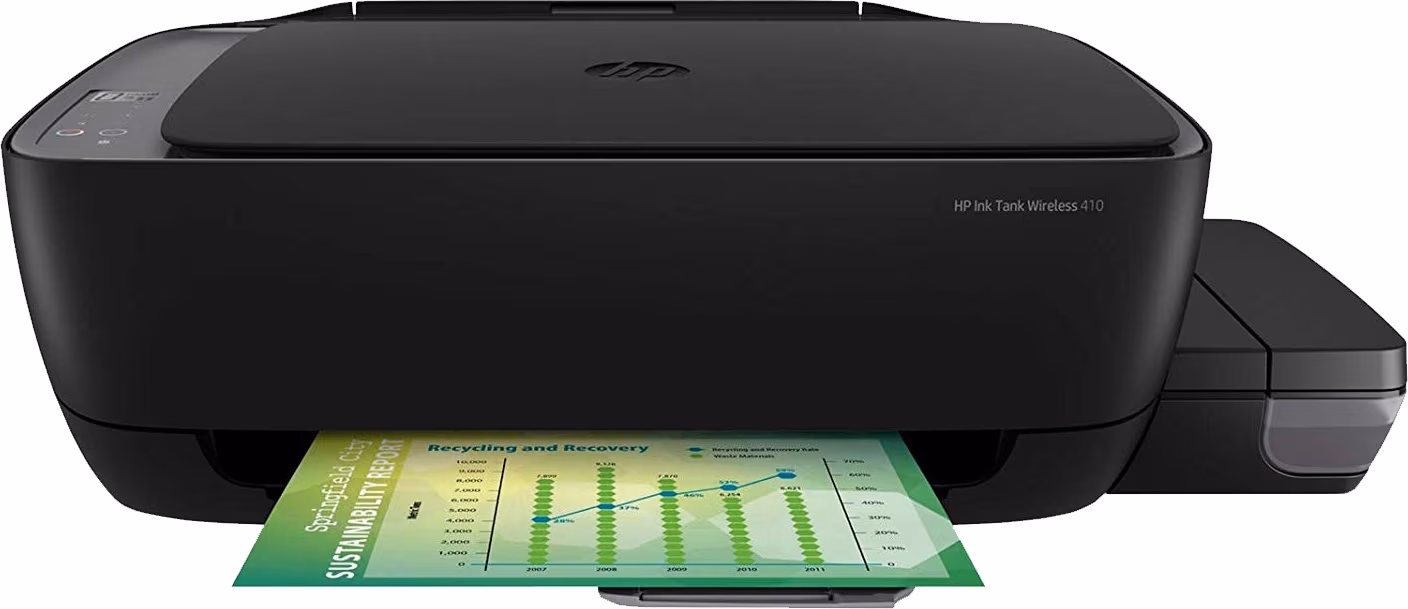 MFD CISS HP Ink Tank Wireless 410, Black, A4, 8ppm/5ppm black/color, Copy 6.5/2 black/color, 4800x1200 dpi, 1200x1200 dpi, 360 Mhz, Up to 1000 pages/month, Hi-Speed USB 2.0, Wi-Fi Direct (HP GT51XXL Black135ml 7000p, GT52 C/M/Y 70ml 8000p)