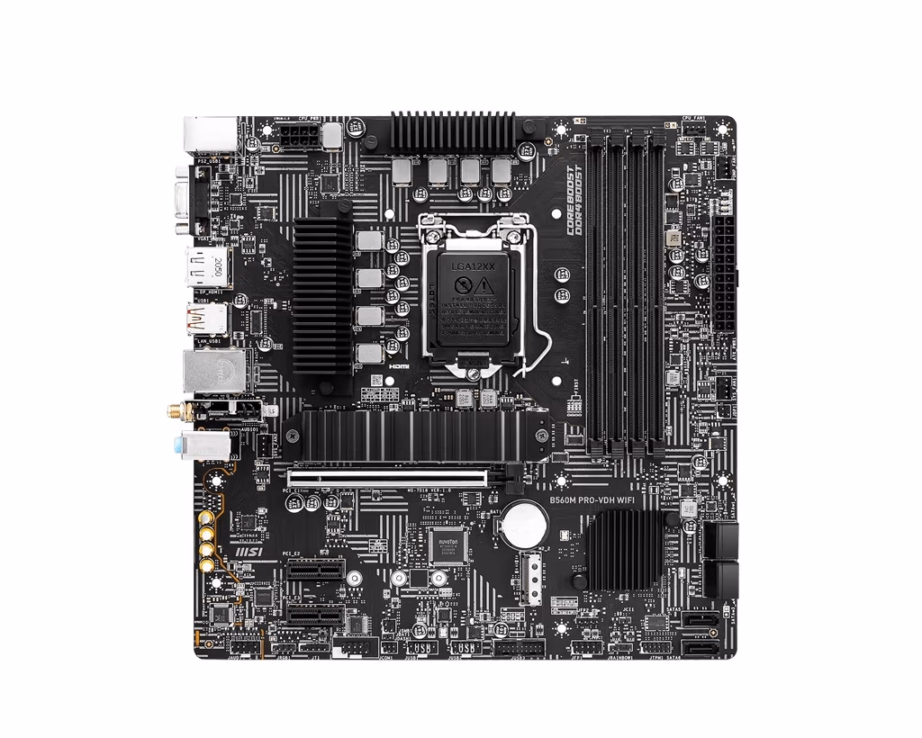 MSI B560M PRO-VDH WIFI, Socket 1200, Intel® B560 (11/10th Gen CPU), Dual 4xDDR4-5066, CPU Intel graphics, VGA, HDMI, DP, 1xPCIe X16 4.0, 6xSATA3, 2xM.2 4.0, 2xPCIeX1, ALC897 HDA, 1x2.5GbE LAN, WIFI6/BT5.1, 2xUSB 3.2Gen2, 4xUSB3.2, RGB Led, mATX 