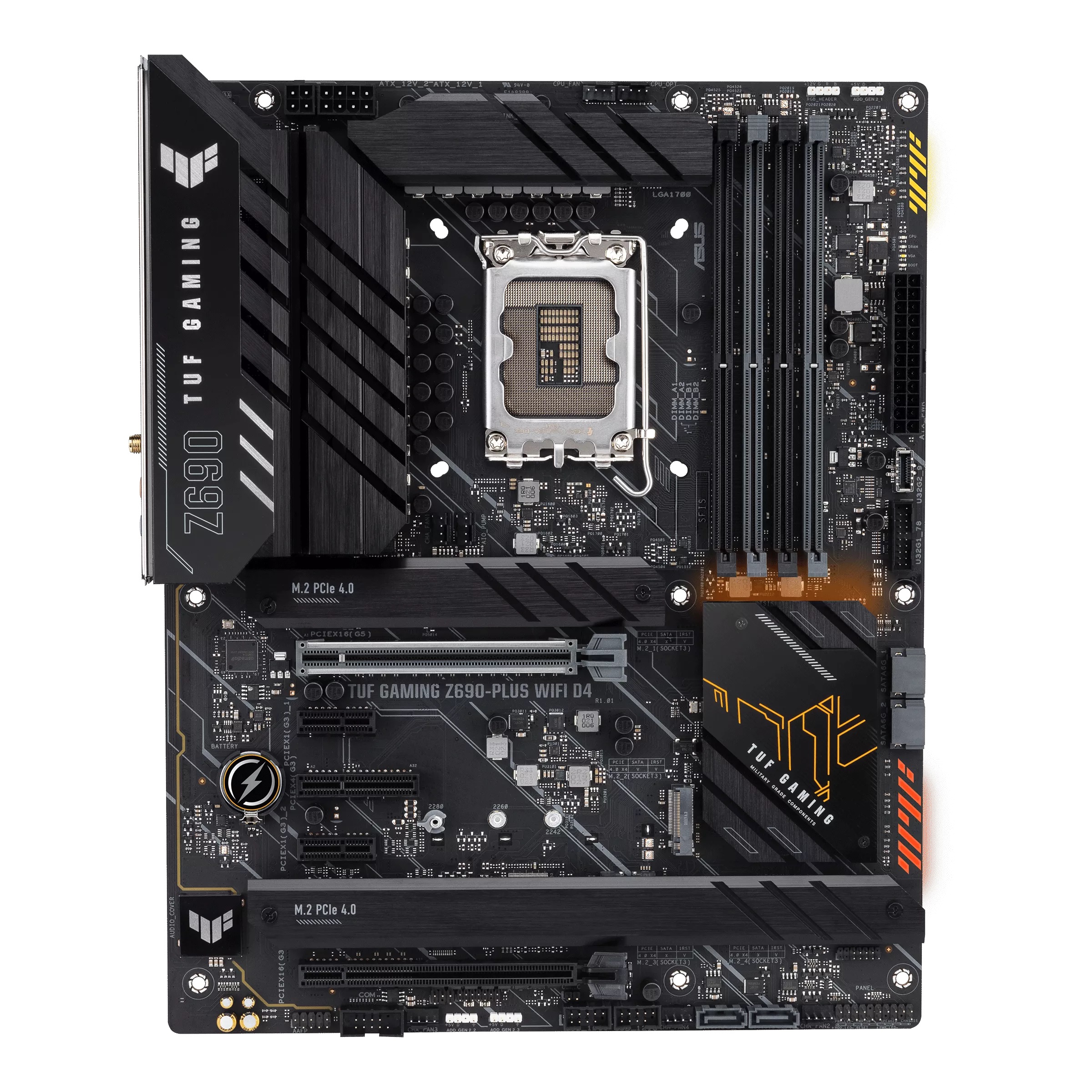 ASUS TUF GAMING Z690-PLUS D4, Socket 1700, 15 Phases, Intel® Z690 (13/12th Gen CPU), CPU graphics, HDMI, DP, Dual 4xDDR4-5333, 3xPCIe x16 5.0, 4xSATA3, RAID, 4xM.2 4.0, 2xPCIe x1, 1xPCIe x4, ALC1200/SPDIF, 2.5GbE LAN, 1xUSB-C 3.2 Gen2x2, 2xUSB 3.2Gen2, 5x photo 1
