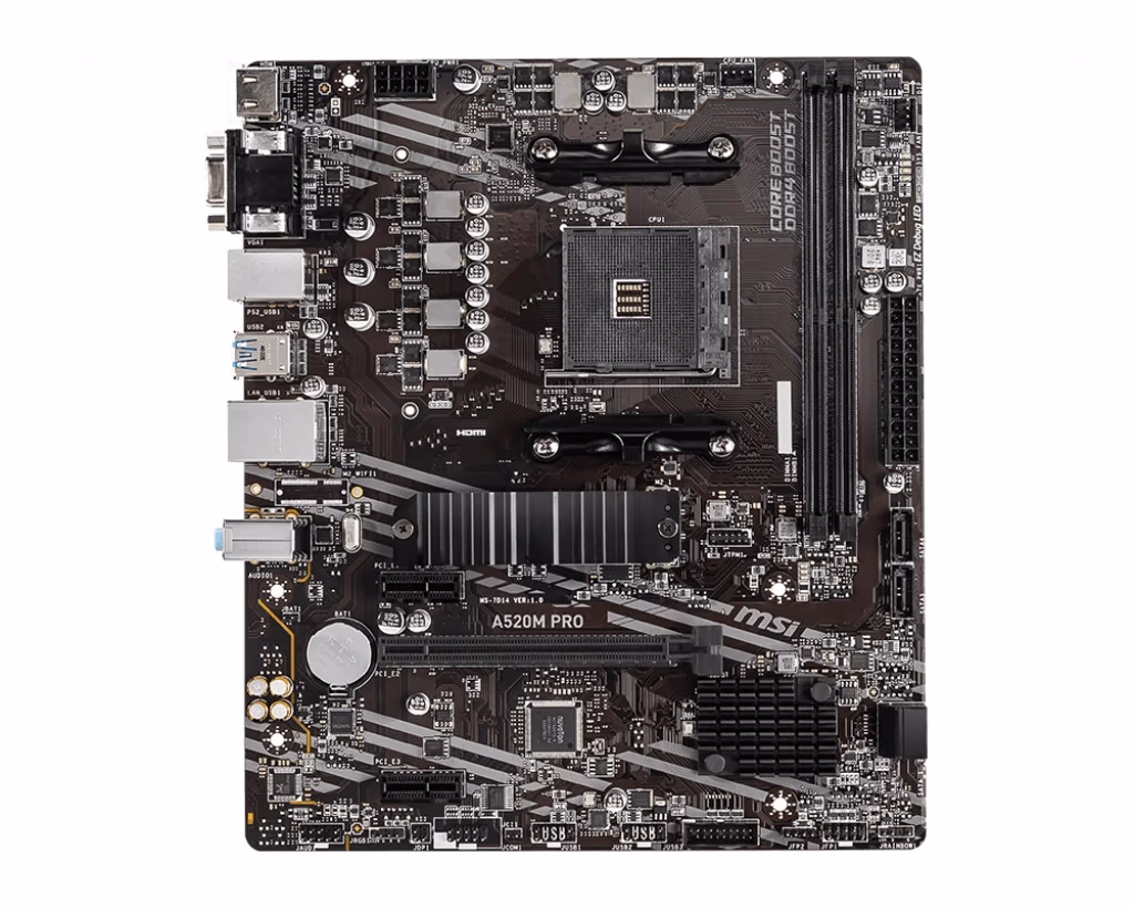 MSI A520M PRO, Socket AM4, AMD A520, Dual 2xDDR4-4600, APU AMD graphics, VGA, HDMI, DP, 1xPCIe X16, 4xSATA3, RAID, 1xM.2 Slot, 2xPCIe X1, ALC892 HDA, GbE LAN, 6xUSB3.2 Gen 1, RGB Led, mATX 