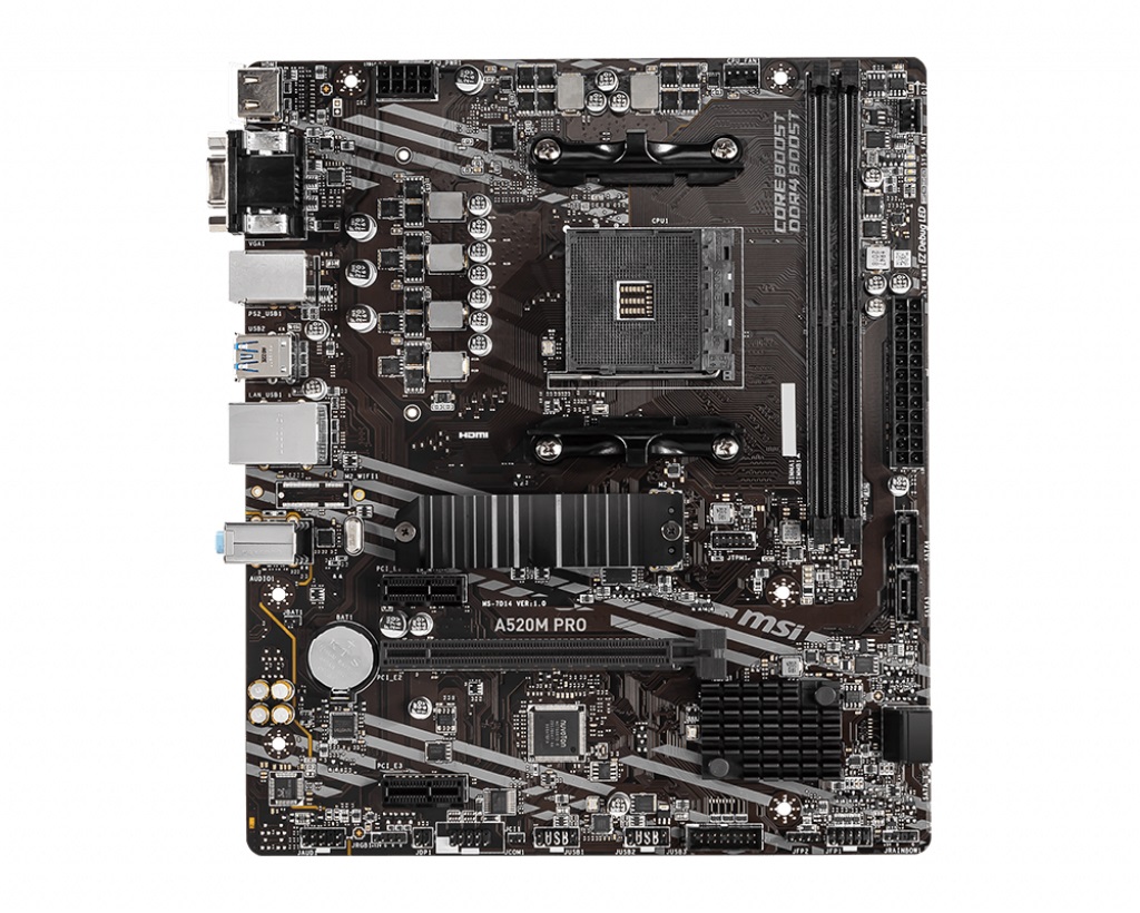 MSI A520M PRO, Socket AM4, AMD A520, Dual 2xDDR4-4600, APU AMD graphics, VGA, HDMI, DP, 1xPCIe X16, 4xSATA3, RAID, 1xM.2 Slot, 2xPCIe X1, ALC892 HDA, GbE LAN, 6xUSB3.2 Gen 1, RGB Led, mATX photo 1