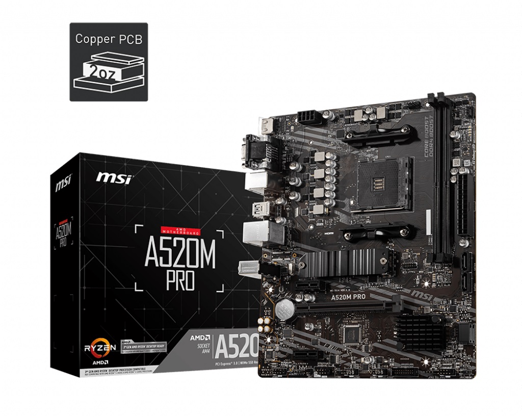 MSI A520M PRO, Socket AM4, AMD A520, Dual 2xDDR4-4600, APU AMD graphics, VGA, HDMI, DP, 1xPCIe X16, 4xSATA3, RAID, 1xM.2 Slot, 2xPCIe X1, ALC892 HDA, GbE LAN, 6xUSB3.2 Gen 1, RGB Led, mATX photo 4