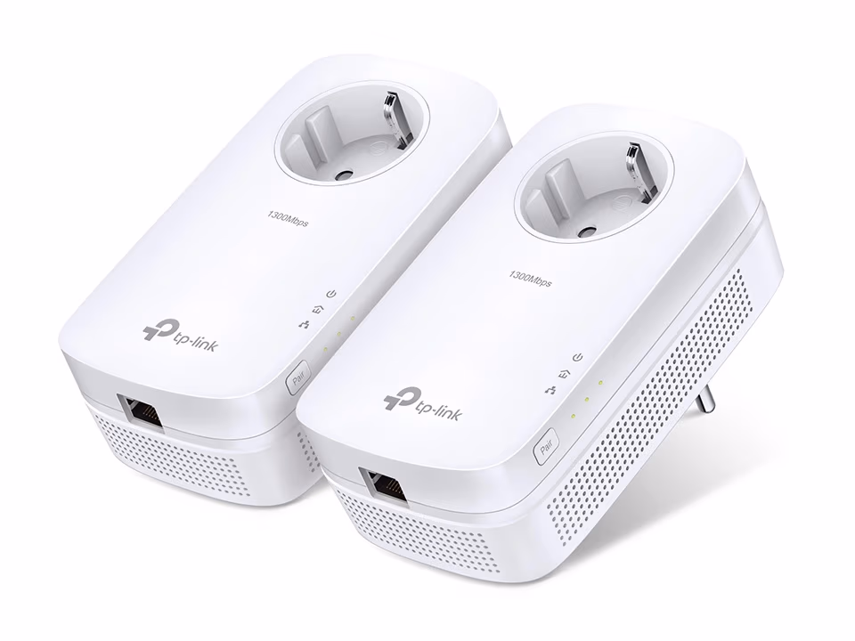 TP-LINK TL-PA8010P Kit, AV1300 Powerline Adapter Starter Kit with AC Passthrough, 2x2 MIMO, Beamforming, 1300Mbps Powerline Datarate, 1 Gigabit LAN Port, HomePlug AV2, Green Powerline, Plug and Play, Pair Button, Range 300 meters in house