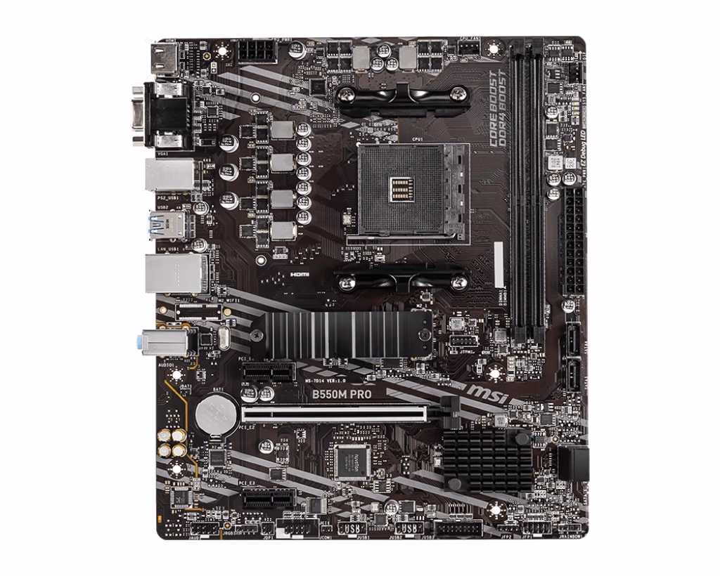 MSI B550M PRO, Socket AM4, AMD B550, Dual 2xDDR4-4600, APU AMD graphics, VGA, HDMI, DP, 1xPCIe4.0 X16, 4xSATA3, RAID, 1xM.2 Gen4.0 x4, 2xPCIe X1, ALC897 HDA, GbE LAN, 6xUSB3.2 Gen1, RGB Mystic Light, mATX 