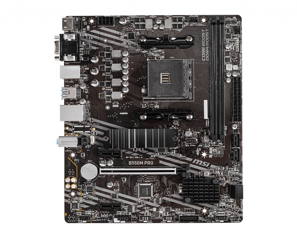 MSI B550M PRO, Socket AM4, AMD B550, Dual 2xDDR4-4600, APU AMD graphics, VGA, HDMI, DP, 1xPCIe4.0 X16, 4xSATA3, RAID, 1xM.2 Gen4.0 x4, 2xPCIe X1, ALC897 HDA, GbE LAN, 6xUSB3.2 Gen1, RGB Mystic Light, mATX photo 1