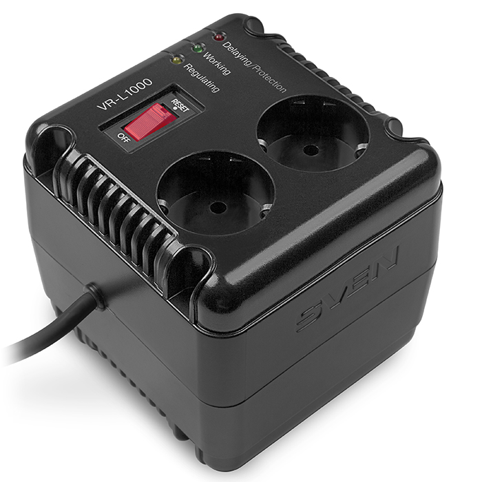 SVEN VR-L1000, 320W, Automatic Voltage Regulator, 2x Schuko outlets, Input voltage: 184-285V, Output voltage: 230V ± 10%, diod indicators on the front panel, plastic body, Black photo 1
