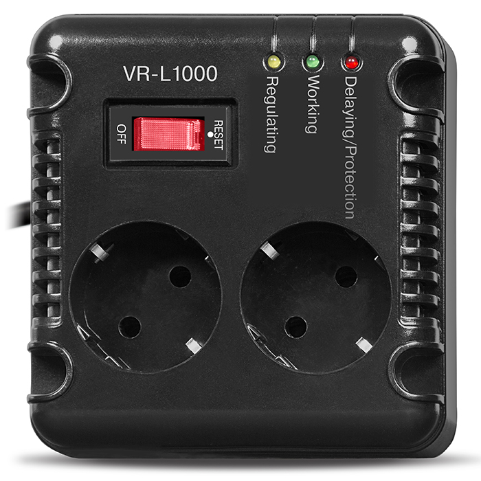 SVEN VR-L1000, 320W, Automatic Voltage Regulator, 2x Schuko outlets, Input voltage: 184-285V, Output voltage: 230V ± 10%, diod indicators on the front panel, plastic body, Black photo 2