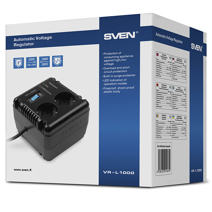 SVEN VR-L1000, 320W, Automatic Voltage Regulator, 2x Schuko outlets, Input voltage: 184-285V, Output voltage: 230V ± 10%, diod indicators on the front panel, plastic body, Black photo 4