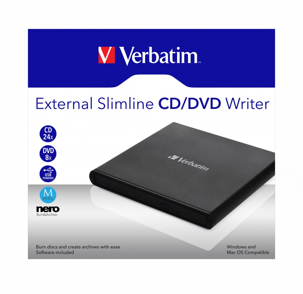 External Slimline CD/DVD Writer VERBATIM, Portable Slim -14mm, Super-Multi CDR/RW +24x/-24x, DVDR+8x/-8x, RW+6x/-6x, DL+6x, RAM 5x, miniDVD, M-DISC, USB2.0, Black, Retail (98938) photo 1