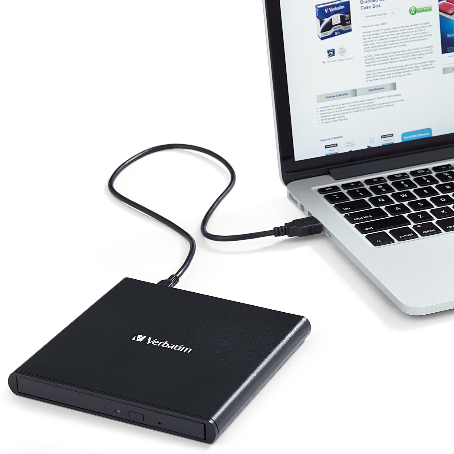 External Slimline CD/DVD Writer VERBATIM, Portable Slim -14mm, Super-Multi CDR/RW +24x/-24x, DVDR+8x/-8x, RW+6x/-6x, DL+6x, RAM 5x, miniDVD, M-DISC, USB2.0, Black, Retail (98938) photo 2