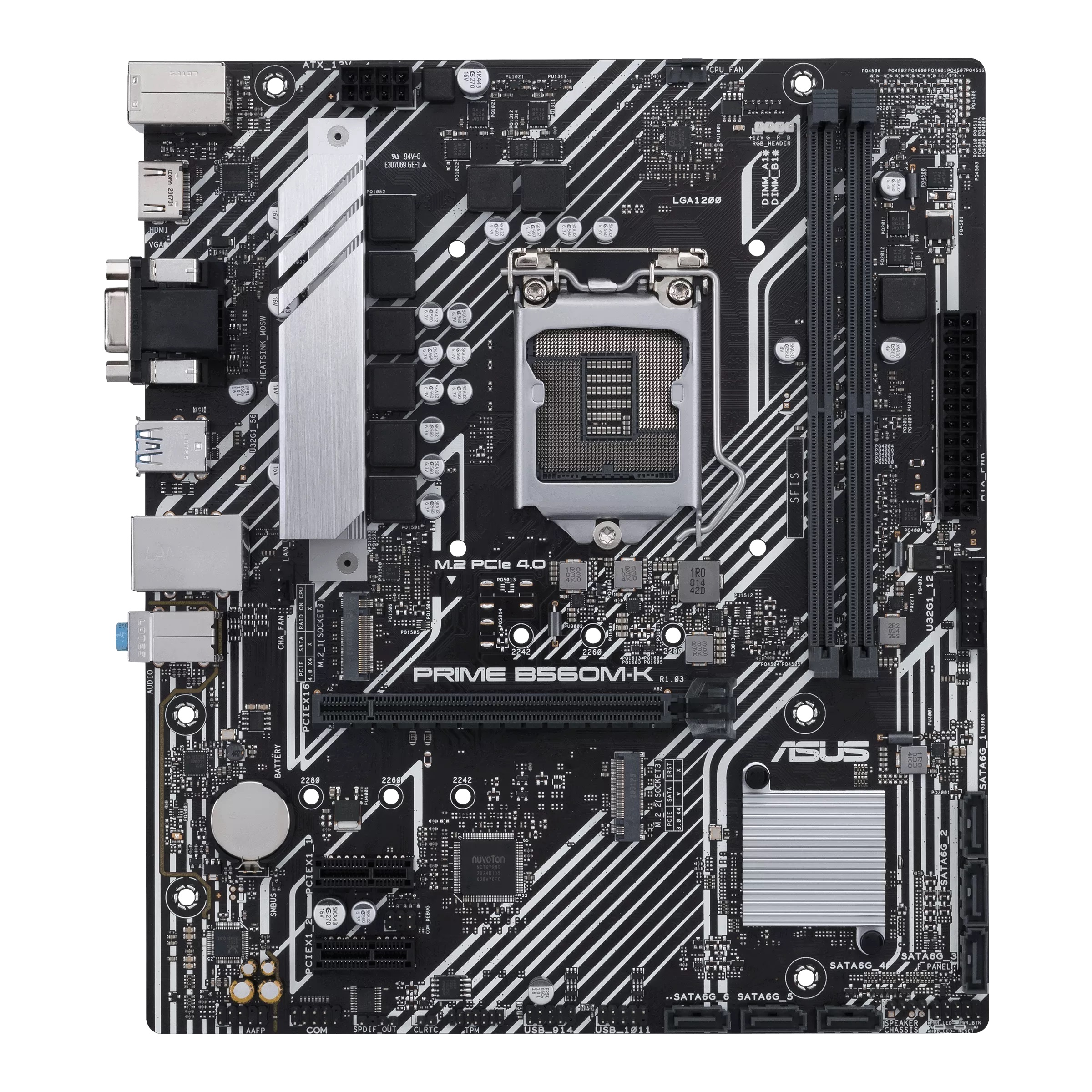 ASUS PRIME B560M-K, Socket 1200, 8 Phases, Intel® B560 (11/10th Gen CPU), Dual 2xDDR4-5000, VGA, HDMI, CPU Intel graphics, 1xPCIe x16 4.0, 6xSATA3, 2xPCIe x1, 2xM.2 4.0, ALC887 HDA, 1xGbE LAN, 6xUSB3.2, Aura Sync RGB, mATX photo 1