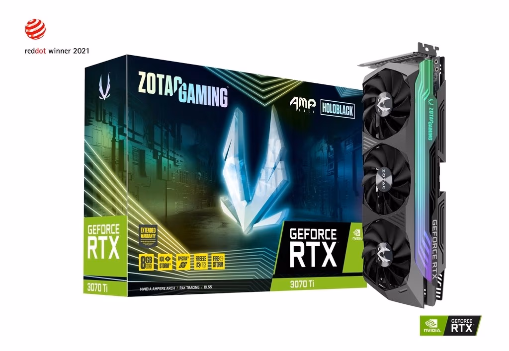 ZOTAC GeForce RTX 3070 Ti AMP Holo 8GB GDDR6X, 256bit, 1830/19000Mhz, Ampere, PCIeX16 4.0, Triple Fan / IceStorm 2.0, 2.5 Slot, 1xHDMI, 3xDP, Active Fan Control/FREEZE Fan Stop, SPECTRA 2.0 RGB, Holo Black Design, Metal Wraparound RGB Led Backplate, Prem