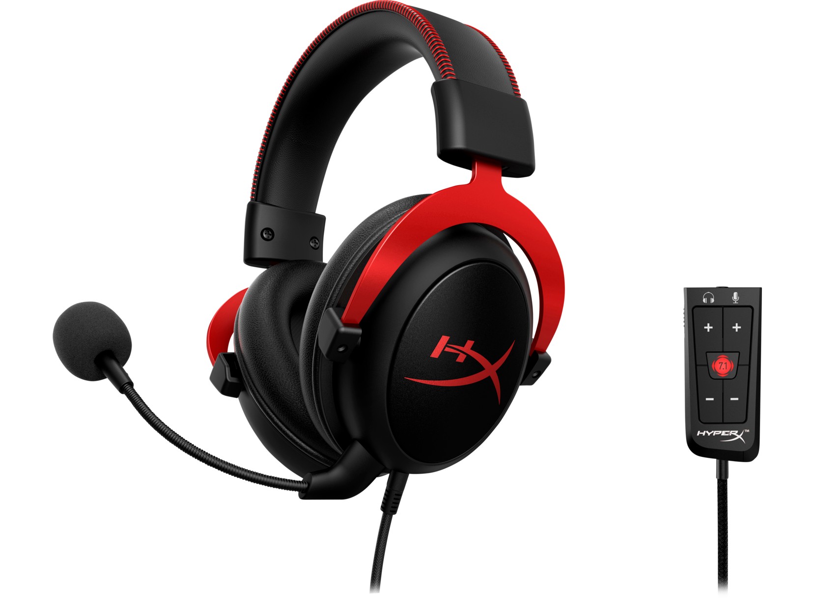 Headset  HyperX Cloud II, Red, Solid aluminium build, Microphone: detachable, USB Surround Sound 7.1, Frequency response: 15Hz–25,000 Hz, Cable length:1m+2m extension, 3.5 jack, Pure Hi-Fi capable, Braided cable,  Mesh bag photo 1