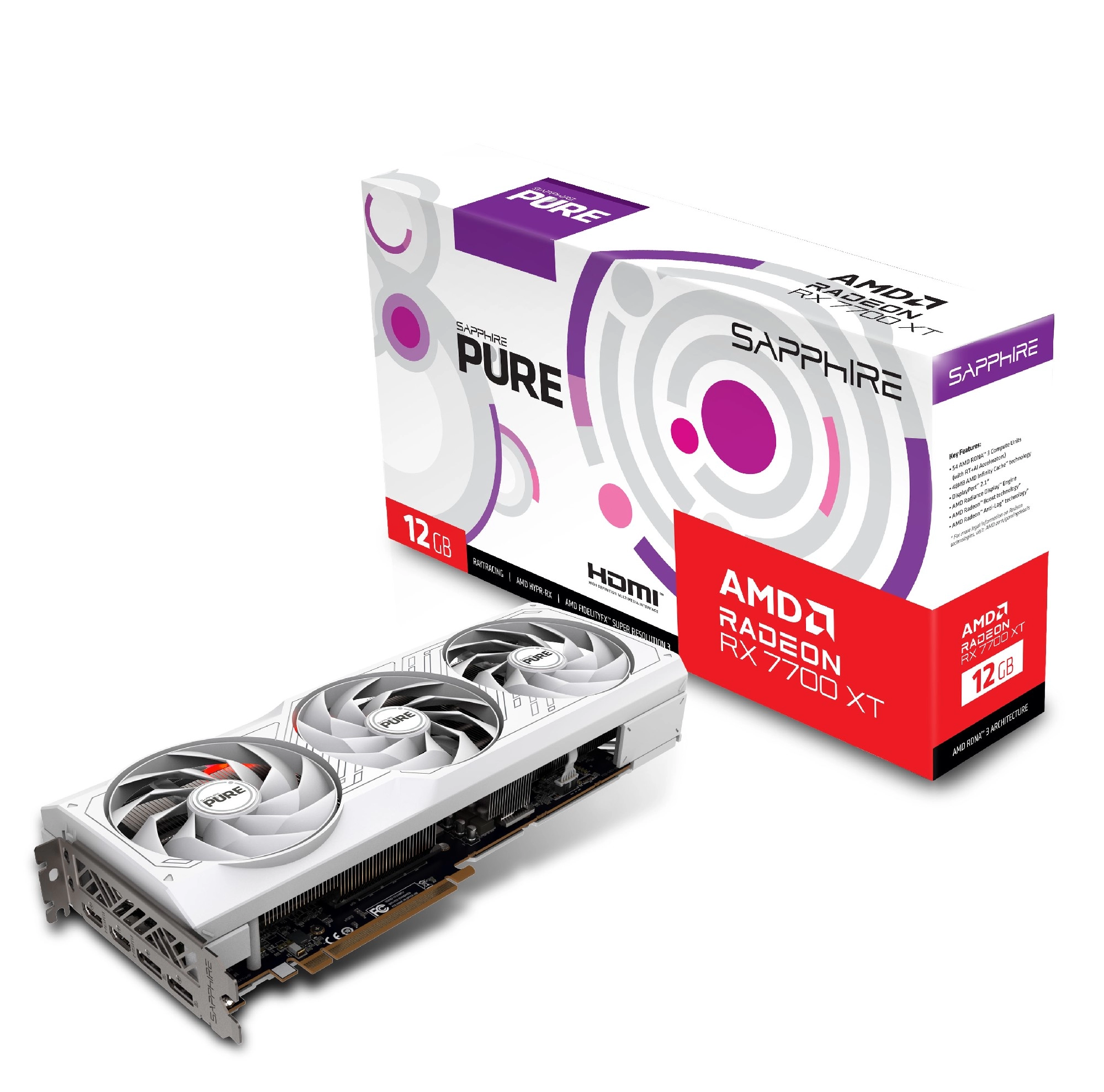 Placa video Sapphire PURE Radeon RX 7700 XT WHITE/ 12GB/ GDDR6/ 192bit