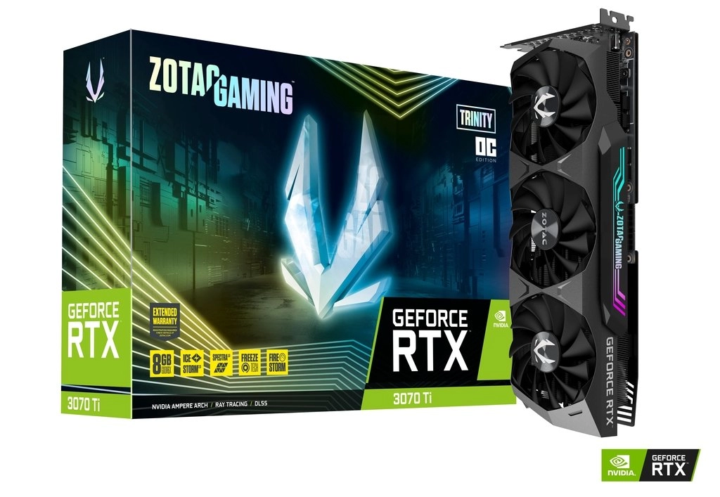 ZOTAC GeForce RTX 3070 Ti Trinity OC 8GB GDDR6X, 256bit, 1800/19000Mhz, Ampere, PCIeX16 4.0, Triple Fan / IceStorm 2.0, 2.5 Slot, 1xHDMI, 3xDP, Active Fan Control/FREEZE Fan Stop, SPECTRA 2.0 RGB Lightning, FireStorm, Metal RGB Led Backplate, Premium Pac