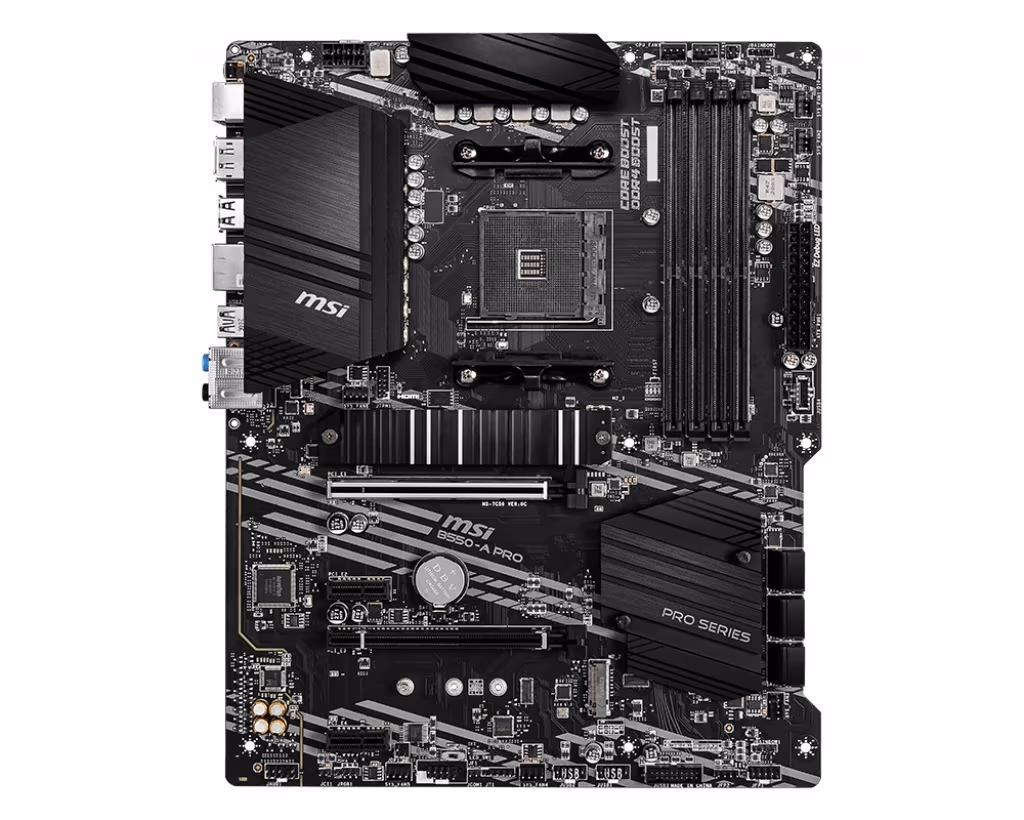 MSI B550-A PRO, Socket AM4, AMD B550, Dual 4xDDR4-4400+, APU AMD graphics, HDMI, DP, 2xPCIe4.0 X16, 6xSATA3, RAID, 2xM.2 Gen4.0 x4, 2xPCIe X1, ALC897 HDA, 1xGbE LAN , 2xUSB3.2Gen2(Type A+C), 5xUSB3.2(1xTypeC+4xTypeA), RGB Mystic Light, ATX