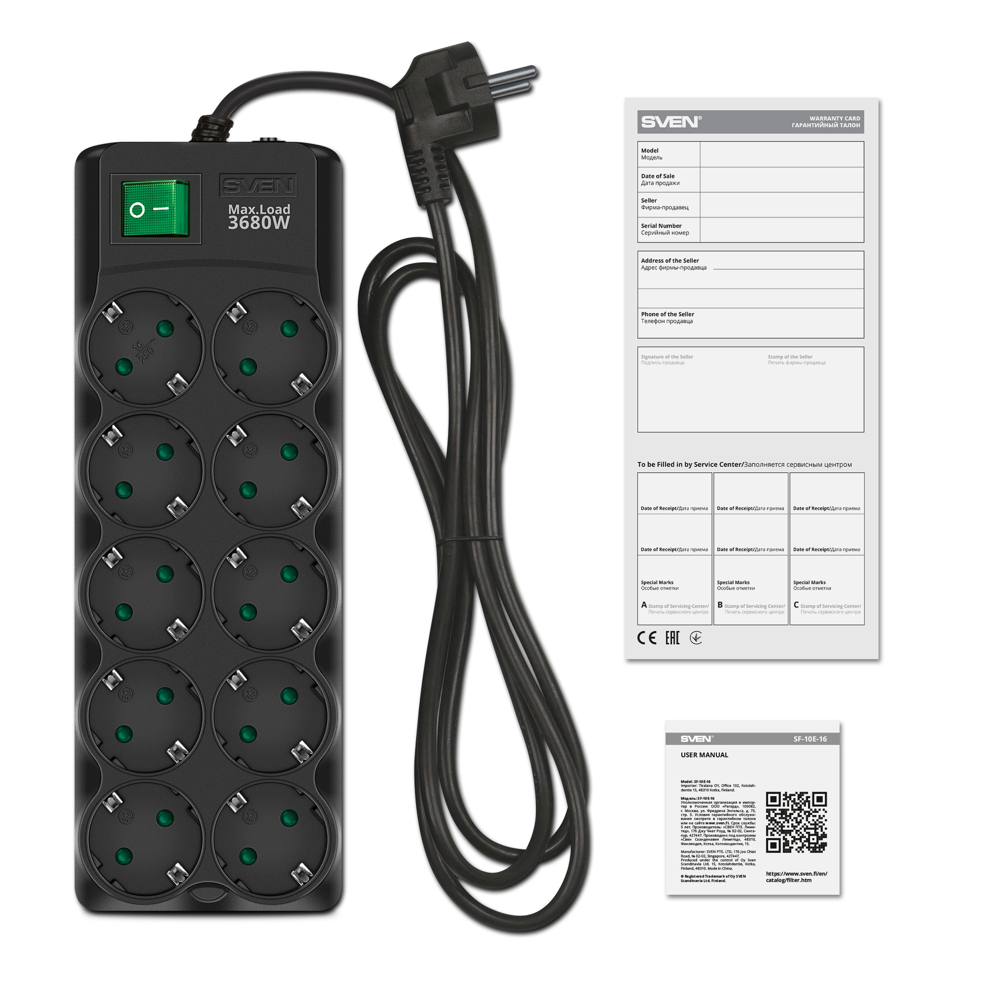 Surge Protector SVEN SF-10E-16/ 10 Sockets/ 3680W/ 3.0m/ Black photo 4