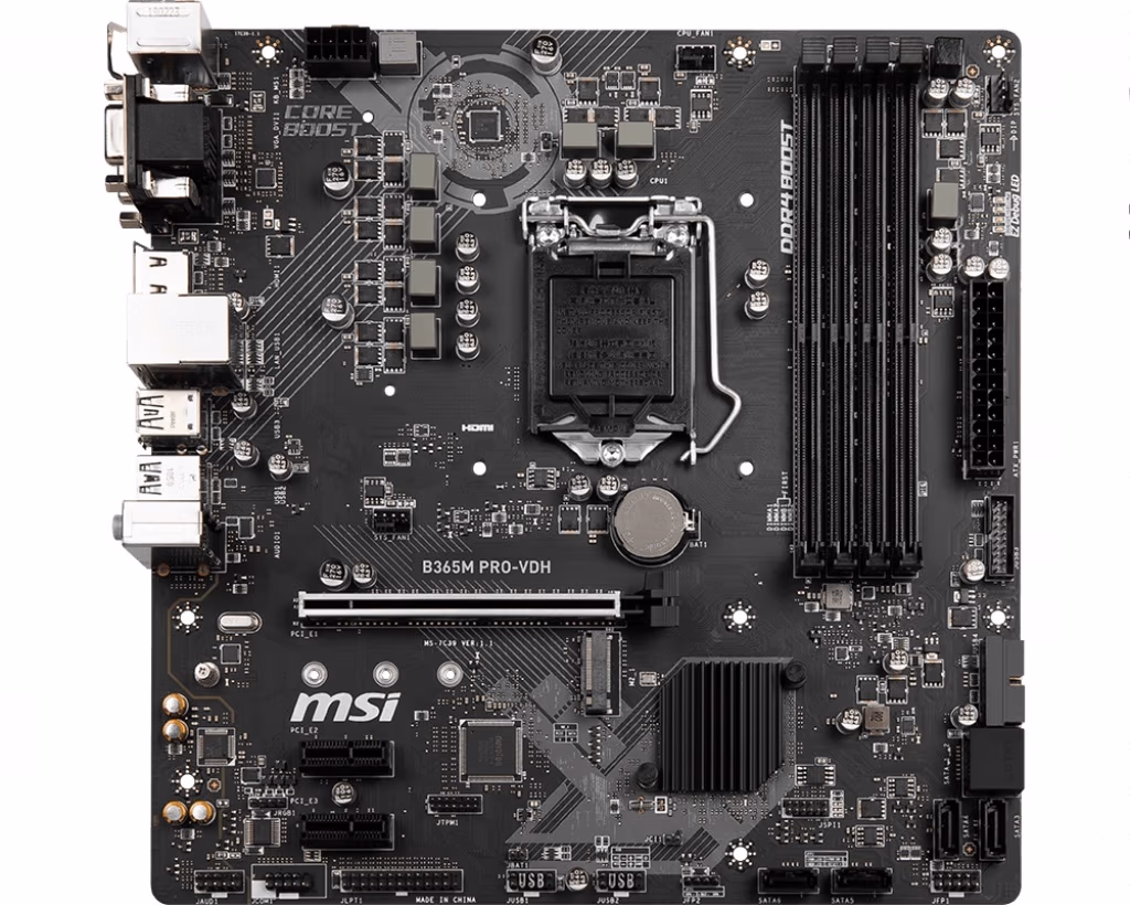 MSI B365M PRO-VDH, Socket 1151, Intel® B365 (9th/8th Gen CPU), Dual 4xDDR4-2666, 1xPCIe X16, CPU Intel graphics, VGA, DVI, HDMI, 6xSATA3, RAID, 1xM.2 slot, 2xPCIe X1, ALC892 7.1ch HDA, GbE LAN, 1xUSB3.1/Type-C, 7xUSB3.1, RGB Led, mATX 