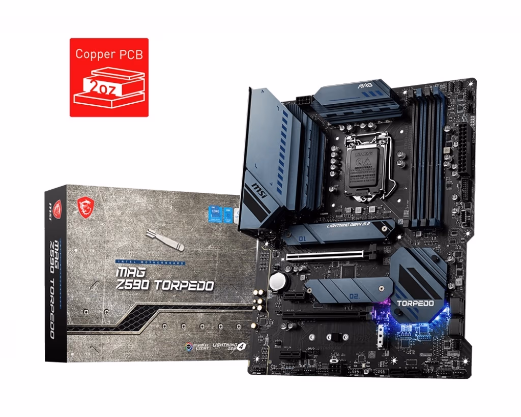 MSI MAG Z590 TORPEDO, Socket 1200, Intel® Z590 (11/10th Gen CPU), 12Phases,Dual 4xDDR4-5333,CPU iGPU, HDMI, DP, 2xPCIeX16 4.0, 6xSATA3, RAID, 3xM.2 4.0, 2xPCIeX1, ALC4080, 1GbE+2.5GbE LAN, 1xUSB3.2Gen2x2TypeC, 2xUSB3.2 Gen2 (Type-C&A), 6xUSB3.2, ATX 