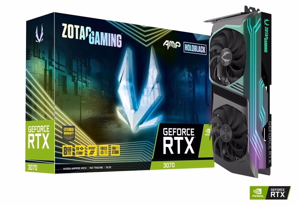 ZOTAC GeForce RTX 3070 AMP Holo LHR 8GB GDDR6, 256bit, 1785/14000Mhz, Ampere, PCIeX16 4.0, Dual Fan / IceStorm 2.0, 2.5 Slot, 1xHDMI, 3xDP, Active Fan Control/FREEZE Fan Stop, SPECTRA 2.0 RGB, Holo Black Design, Metal Wraparound RGB Led Backplate, Premium