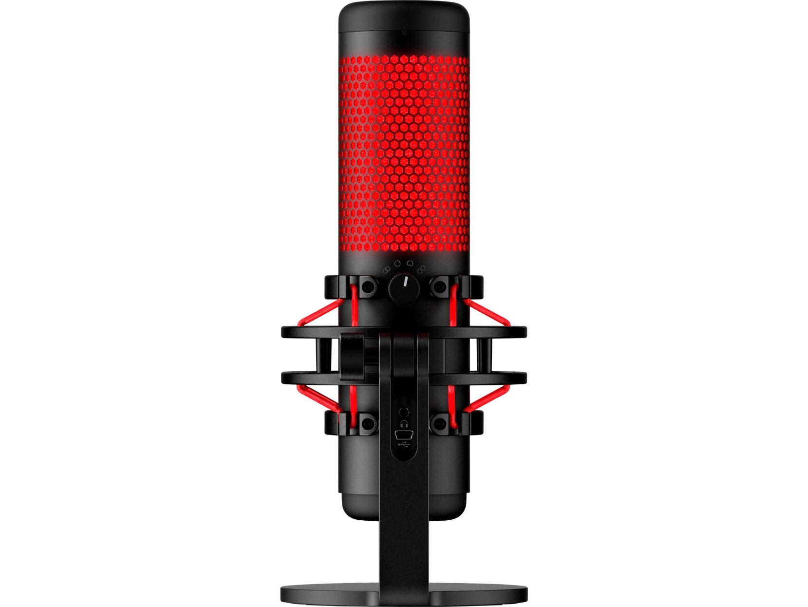 HyperX QuadCast, Black, Microphone for the streaming, Anti-Vibration shock mount, Tap-to-Mute sensor with LED indicator, Four selectable polar patterns, Internal pop filter, Built-in headphone jack, Cable length: 3m, Black/Red,  USB