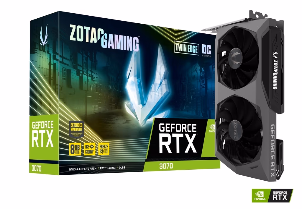 ZOTAC GeForce RTX 3070 Twin Edge OC LHR 8GB GDDR6, 256bit, 1755/14000Mhz, Ampere, PCIeX16 4.0, Dual Fan / IceStorm 2.0, 1xHDMI, 3xDisplayPort, Active Fan Control/FREEZE Fan Stop, White Led Lightning, FireStorm, Metal Wraparound Backplate, 2x 8-pin, Premiu