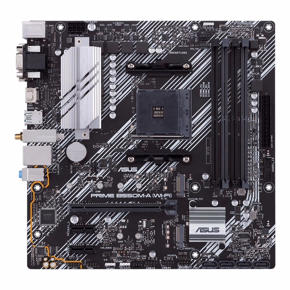 ASUS PRIME B550M-A Wi-Fi, Socket AM4, AMD B550, Dual 4xDDR4-4600, APU AMD graphics, VGA, DVI, HDMI, 1xPCIeX16 4.0, 4xSATA3, RAID, 2xM.2 4.0 slot, 2xPCIeX1, ALC887 HDA, 1xGbE LAN, WiFI6/BT5.1, 2xUSB3.2 Gen 2, 6xUSB3.2, Aura Sync RGB, 5X Pro.III, mATX