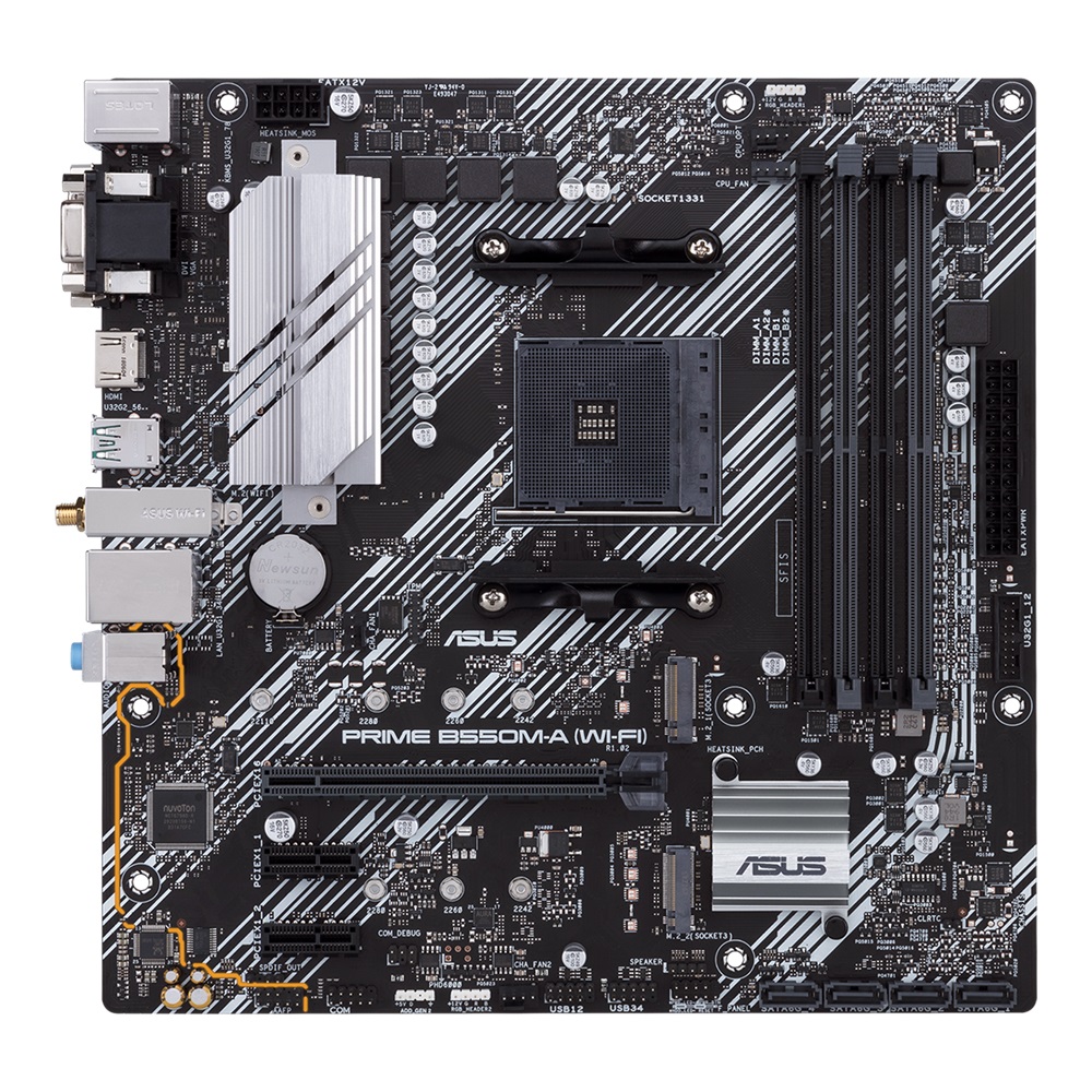 ASUS PRIME B550M-A Wi-Fi, Socket AM4, AMD B550, Dual 4xDDR4-4600, APU AMD graphics, VGA, DVI, HDMI, 1xPCIeX16 4.0, 4xSATA3, RAID, 2xM.2 4.0 slot, 2xPCIeX1, ALC887 HDA, 1xGbE LAN, WiFI6/BT5.1, 2xUSB3.2 Gen 2, 6xUSB3.2, Aura Sync RGB, 5X Pro.III, mATX photo 1