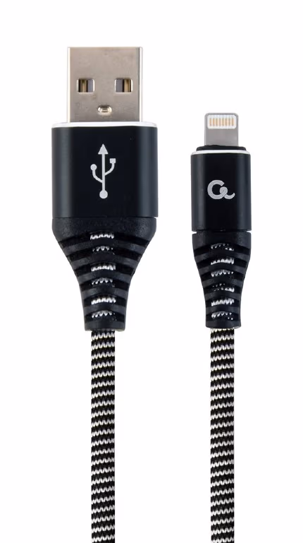 Cable USB2.0/8-pin (Lightning) Premium cotton braided - 2m - Cablexpert CC-USB2B-AMLM-2M-BW, Black/White, USB 2.0 A-plug to 8-pin, blister