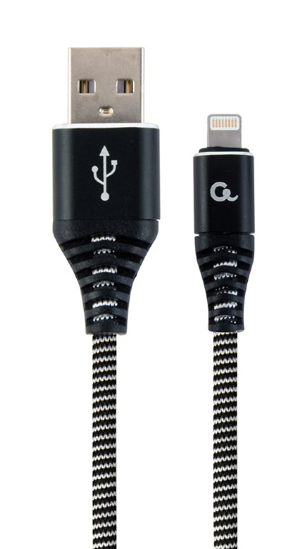 Cable USB2.0/8-pin (Lightning) Premium cotton braided - 2m - Cablexpert CC-USB2B-AMLM-2M-BW, Black/White, USB 2.0 A-plug to 8-pin, blister photo 1