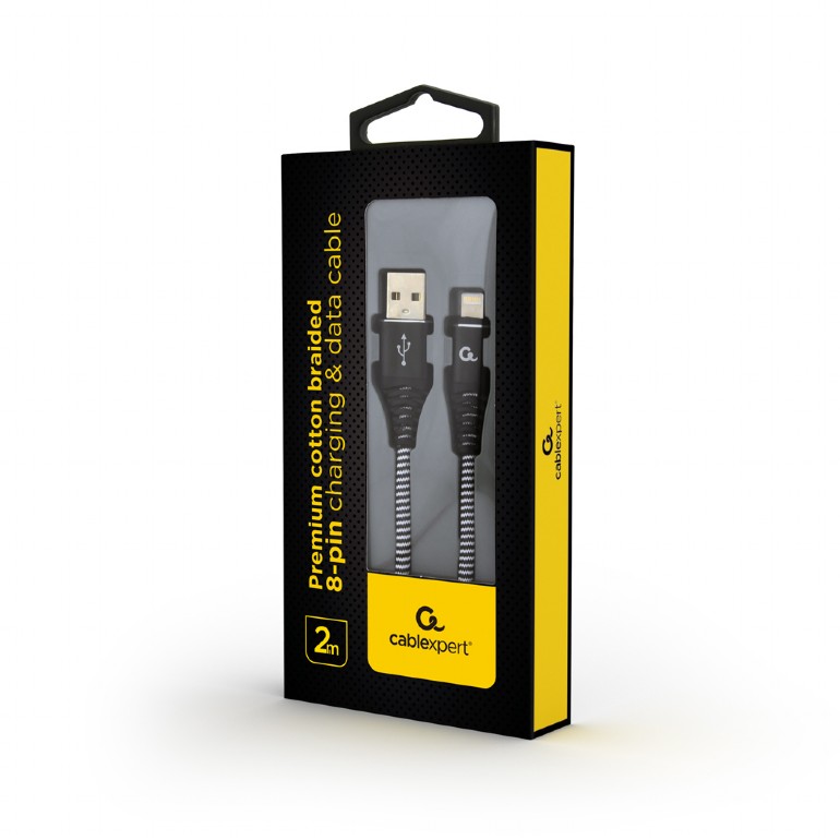 Cable USB2.0/8-pin (Lightning) Premium cotton braided - 2m - Cablexpert CC-USB2B-AMLM-2M-BW, Black/White, USB 2.0 A-plug to 8-pin, blister photo 2